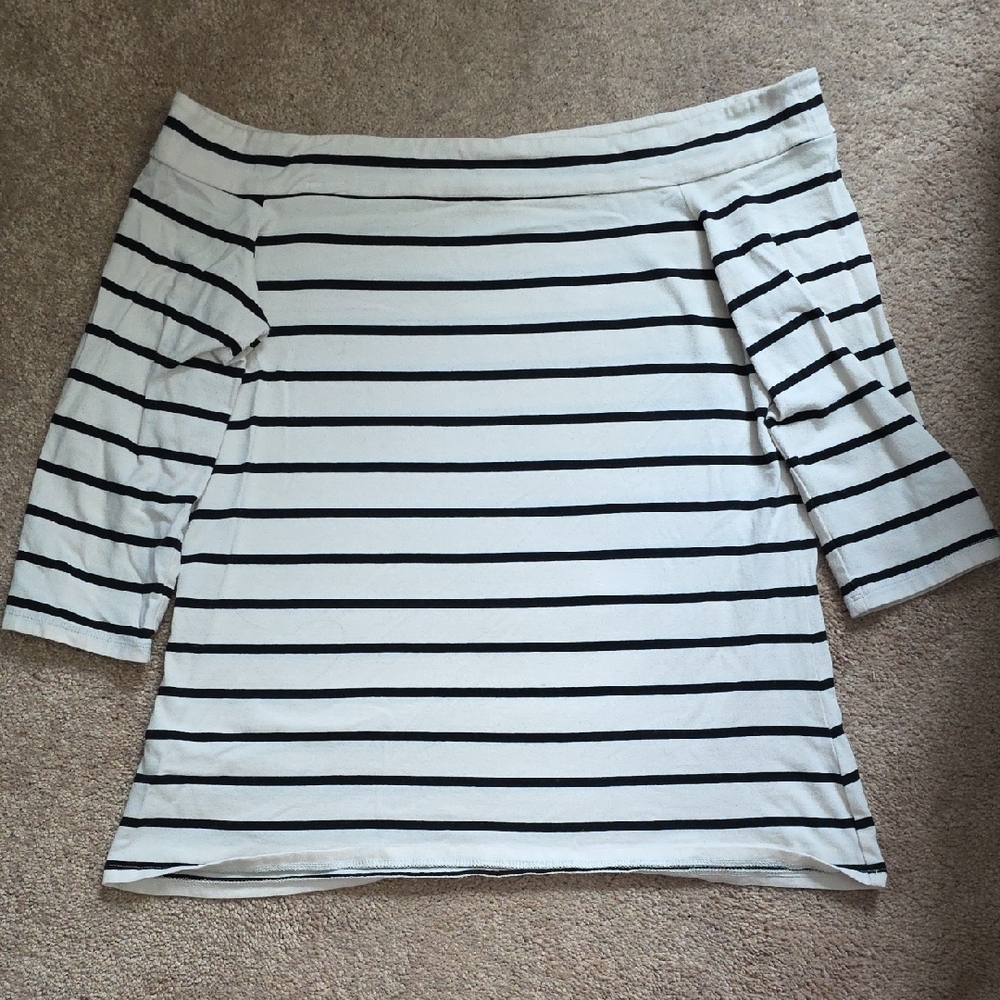 LOFT Off The Shoulder White and Black Striped Top